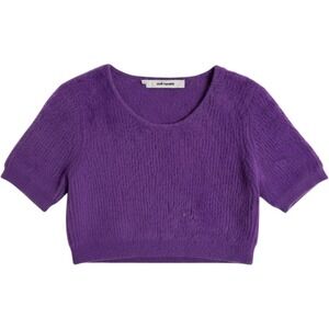 Oval Square Purple‎ Fuzzy Eyelash Knit Short Sleeve Cropped Sweater OS Young L